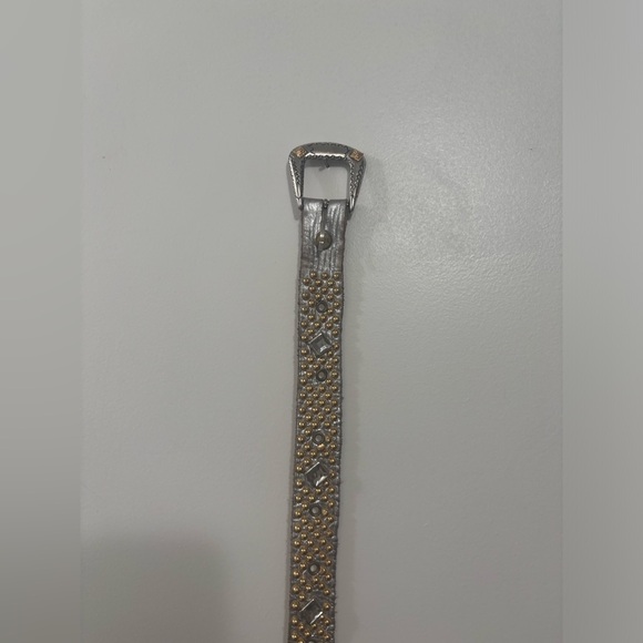 genuine leather belt silver strap with sparkling rhinestones and gold bulb studs - Picture 7 of 12